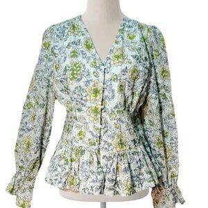 7 For All Mankind Blue Floral Eyelet Long Sleeve Shirt  size M